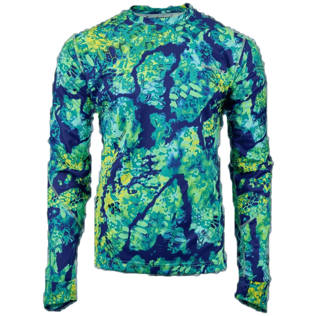 Long-sleeve shirt with a blue and green camouflage pattern on a white background