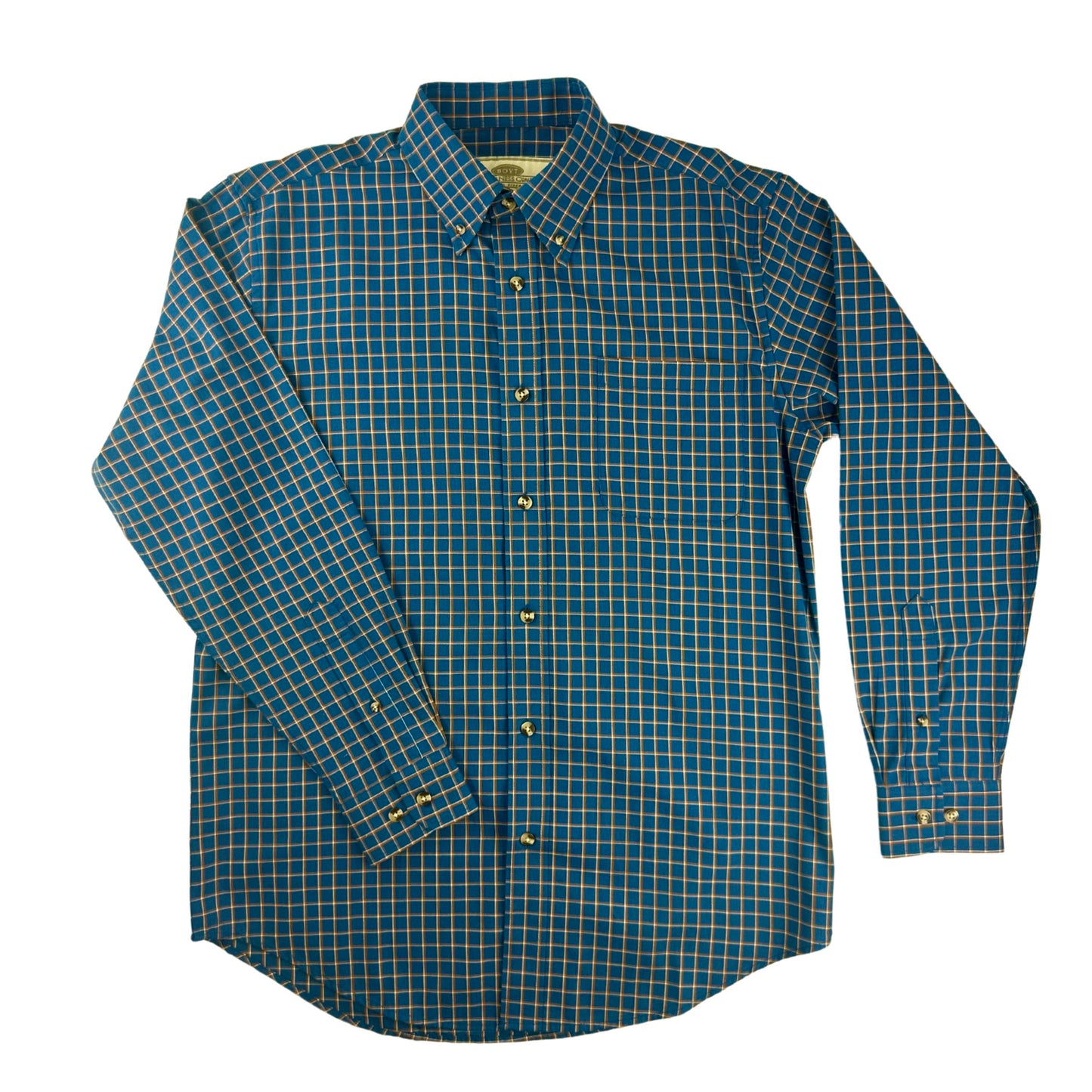 tan and blue checkered shirt on a white background