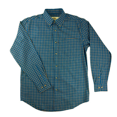tan and blue checkered shirt on a white background